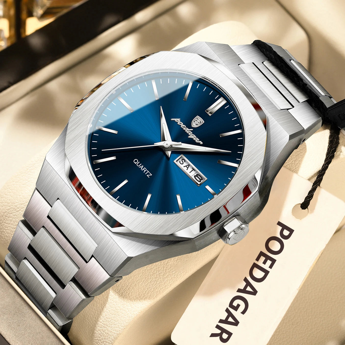 POEDAGAR Waterproof Luminous Stainless Steel Watches For Men