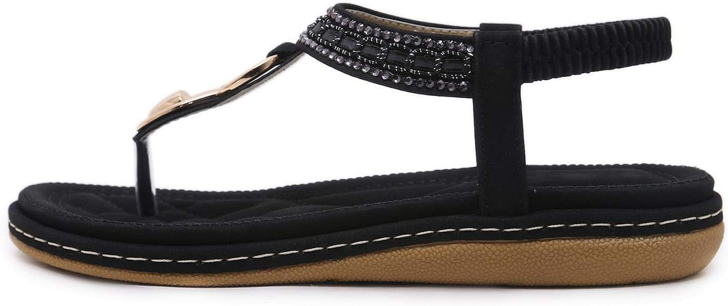 Elastic Ankle Strap Flats Sandals for Women Bohemian Beach Flats Comfortable T-Strap Thong Flip Flops Shoes Black 5