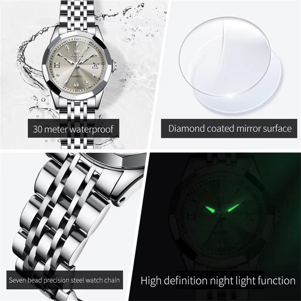 Elegant Fashion Ladies Watches 9998 Original Quartz Women'S Watches Waterproof Stainless Steel Luminous Date Wristwatch