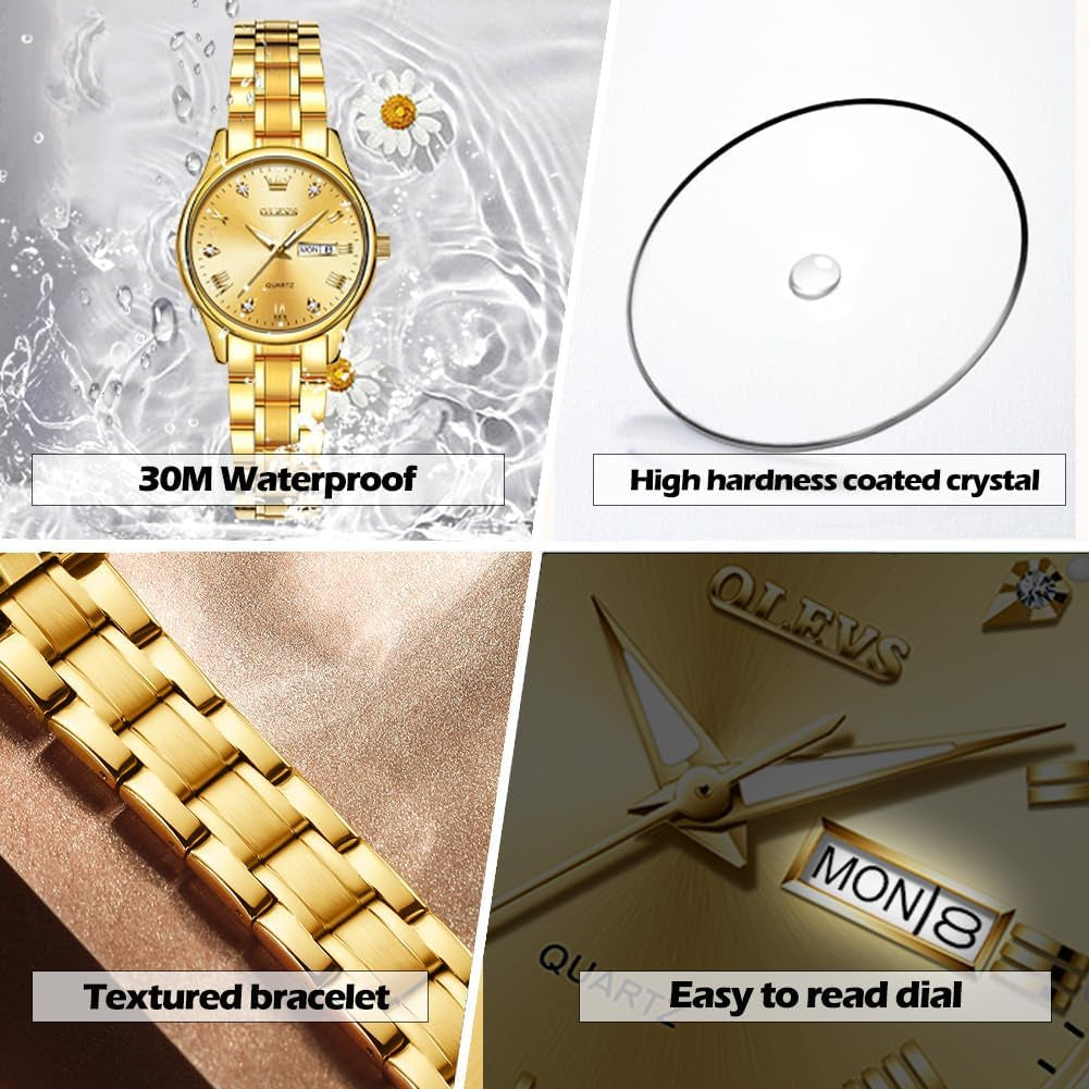 Gold Watches for Women Classic Stainless Steel Waterproof Womens Wrist Watch Small Face Ladies Watches with Day Date Analog Quartz Dress Women'S Watch Casual Gold Silver Black Dial Female Watch