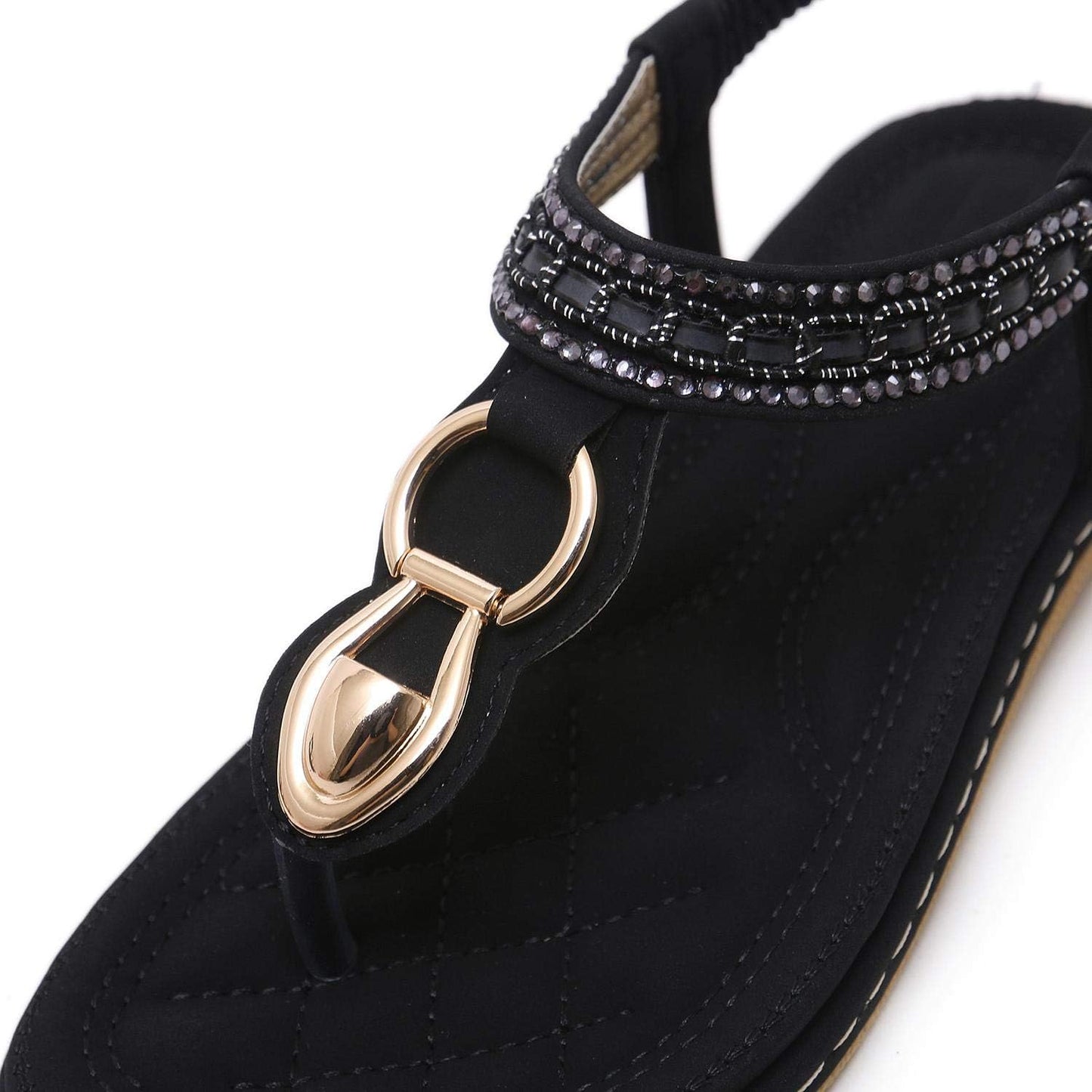 Elastic Ankle Strap Flats Sandals for Women Bohemian Beach Flats Comfortable T-Strap Thong Flip Flops Shoes Black 5