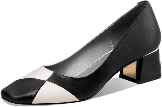 Genuine Leather Women'S Square Toe Handmade Comfortable Low Chunky Heel Slip on Assorted Color Pump Shoes