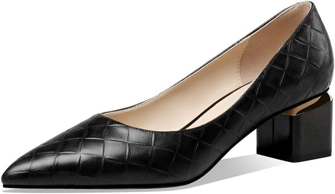 Women'S Genuine Leather Handmade Clear Pointed Toe Low Block Heel Slip on Classic Loafer Pumps