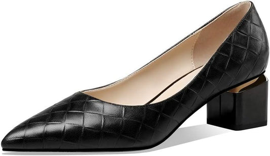 Women'S Genuine Leather Handmade Clear Pointed Toe Low Block Heel Slip on Classic Loafer Pumps