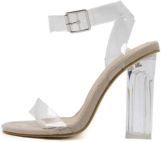 Women'S Transparent Open Toe Pump Ankle Strap Dress Chunky Block High Heel Sandals