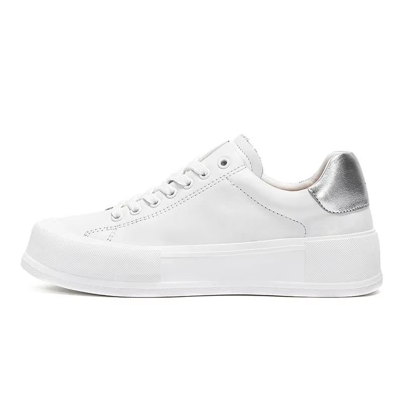 Women'S Shoes White Casual Shoes Simple Height Increasing Flat Shoes Lace Leather Upper Girls Casual Sneakers