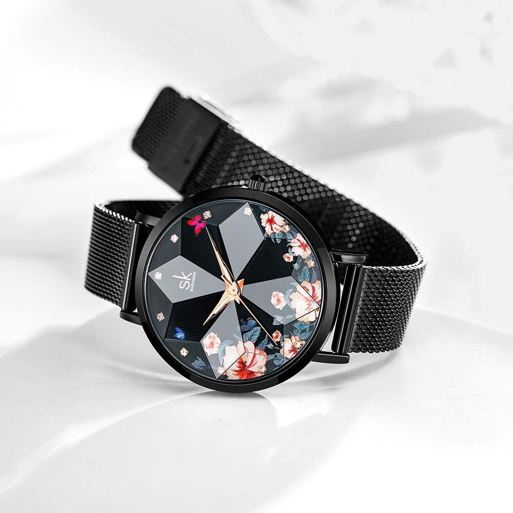 Creative Ultra Thin Minimalist Starry Sky Flower Dial Women Watch with Stainless Steel Mesh Band Genuine Leather Elegant Women Watches