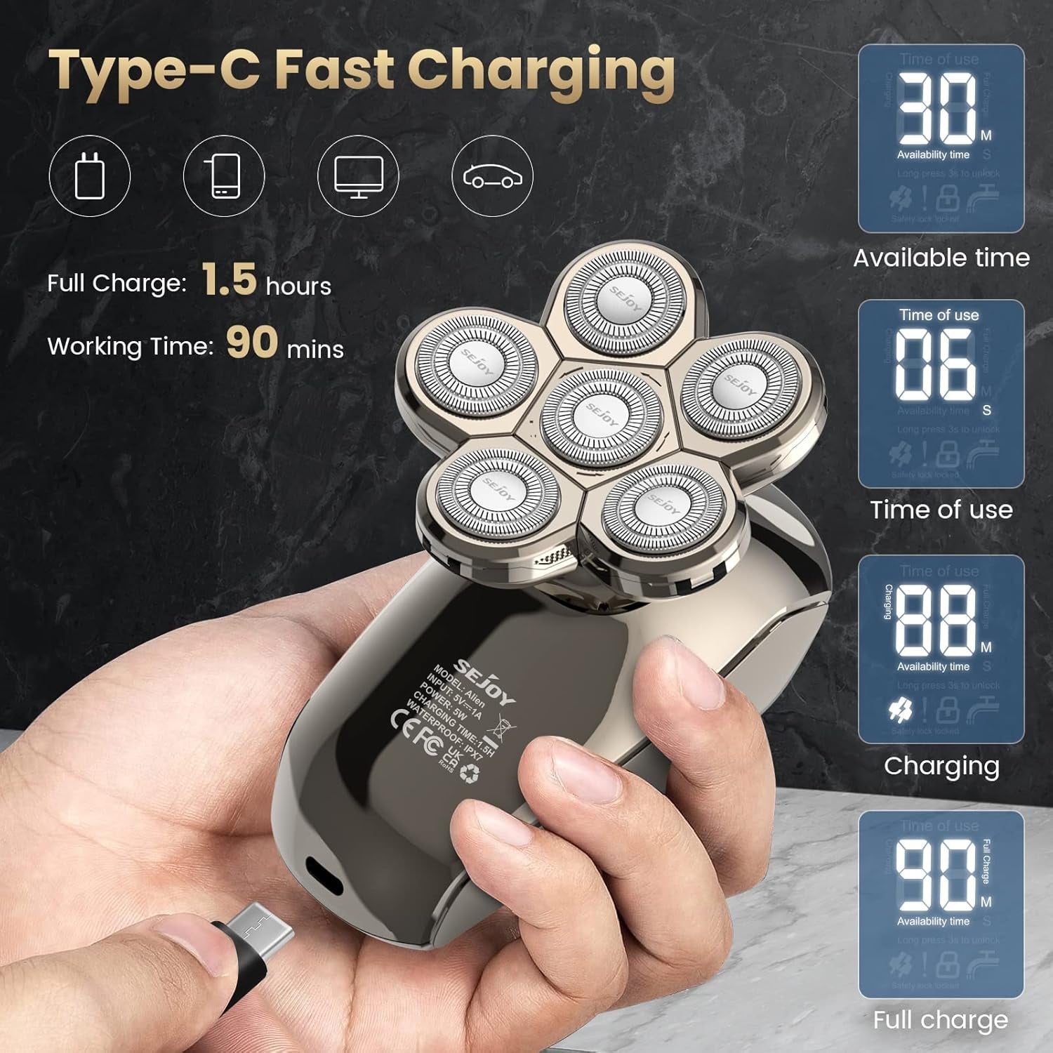 Electric Razor for Bald Men, Head Shavers for Men 5-In-1 Multifunctional 6D Electric Head Shaver Waterproof Recharageable Rotary Shaver Grooming Kit Mens Electric Shaver