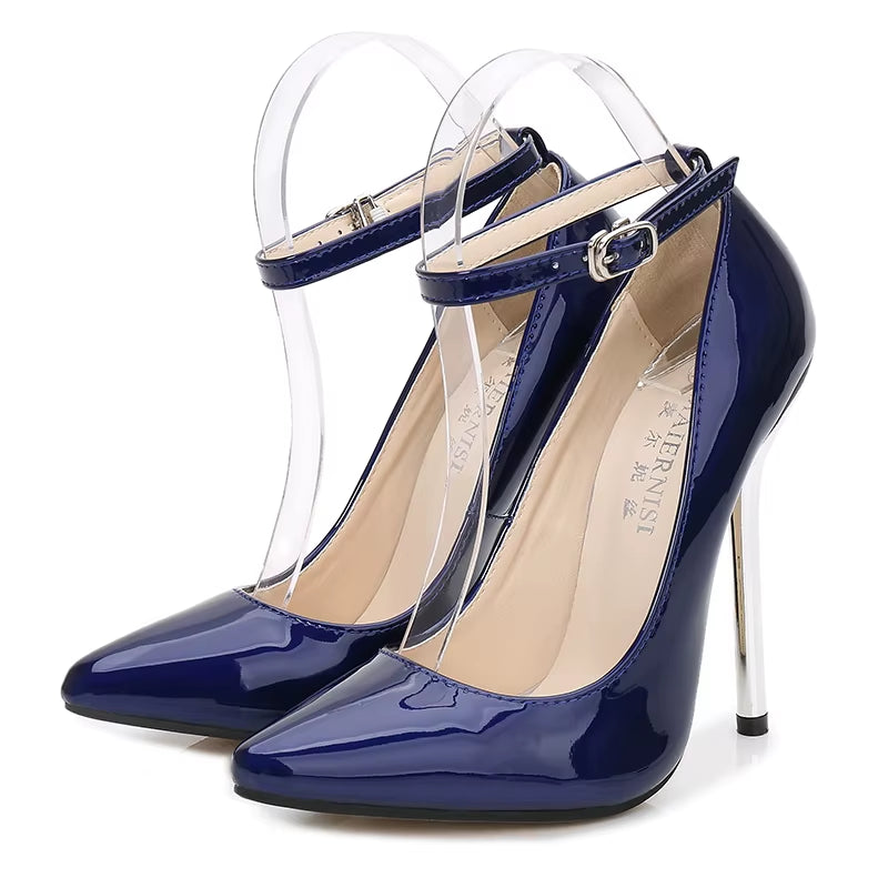 Sexy Lady Extra High Heels Shoes Ankle Strap Pumps Women'S 13Cm Metal Heel Thin High-Heeled Shoes Pointed Toe Shoes Large 45
