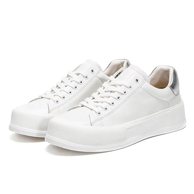 Women'S Shoes White Casual Shoes Simple Height Increasing Flat Shoes Lace Leather Upper Girls Casual Sneakers