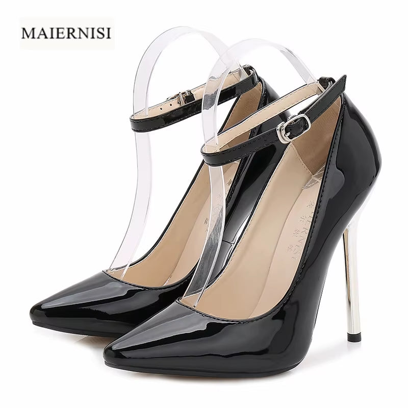 Sexy Lady Extra High Heels Shoes Ankle Strap Pumps Women'S 13Cm Metal Heel Thin High-Heeled Shoes Pointed Toe Shoes Large 45