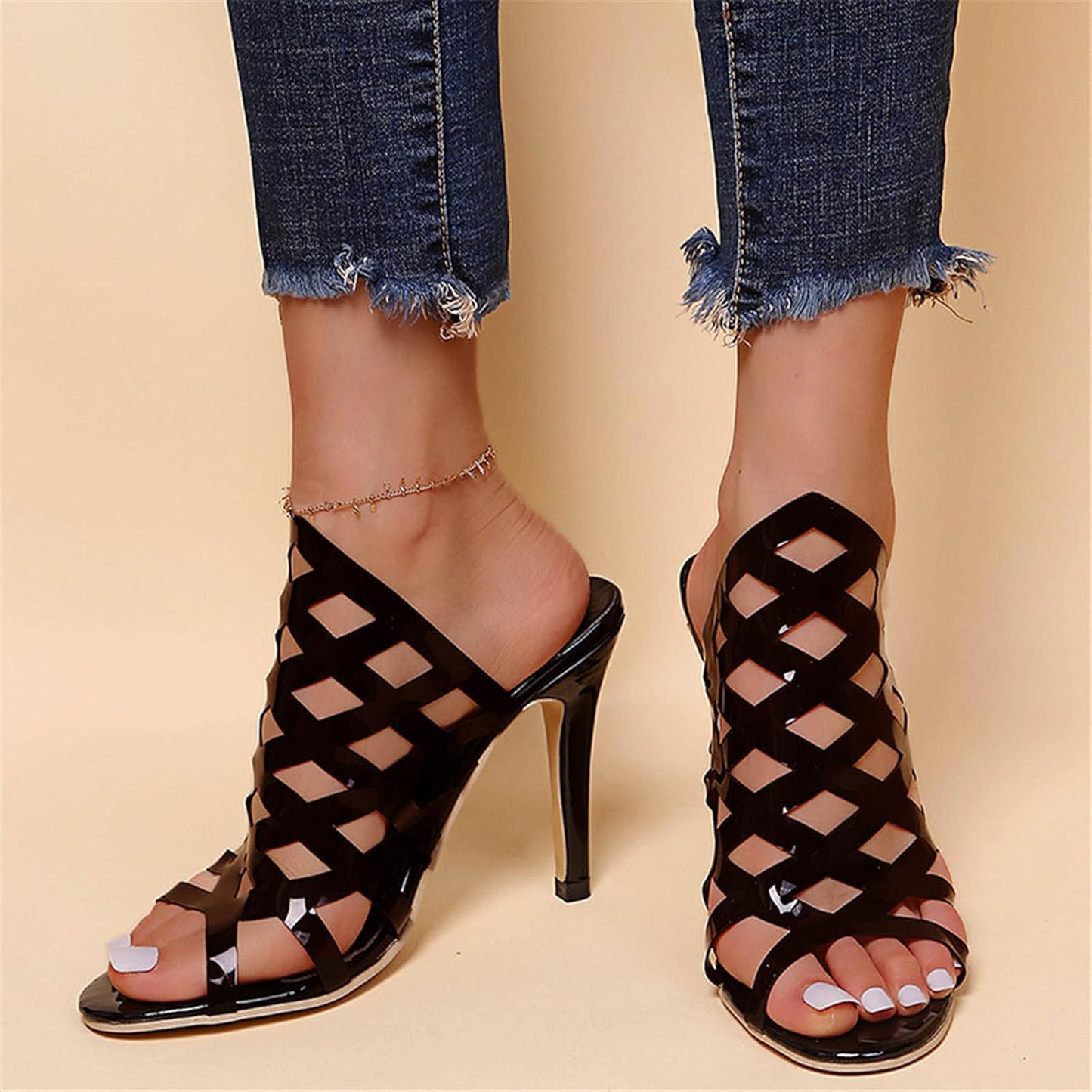 Women Stiletto Heel Sandals Strappy High Heels Sandals Peep Toe Shoes Summer Wedges Mule Sandals Slippers