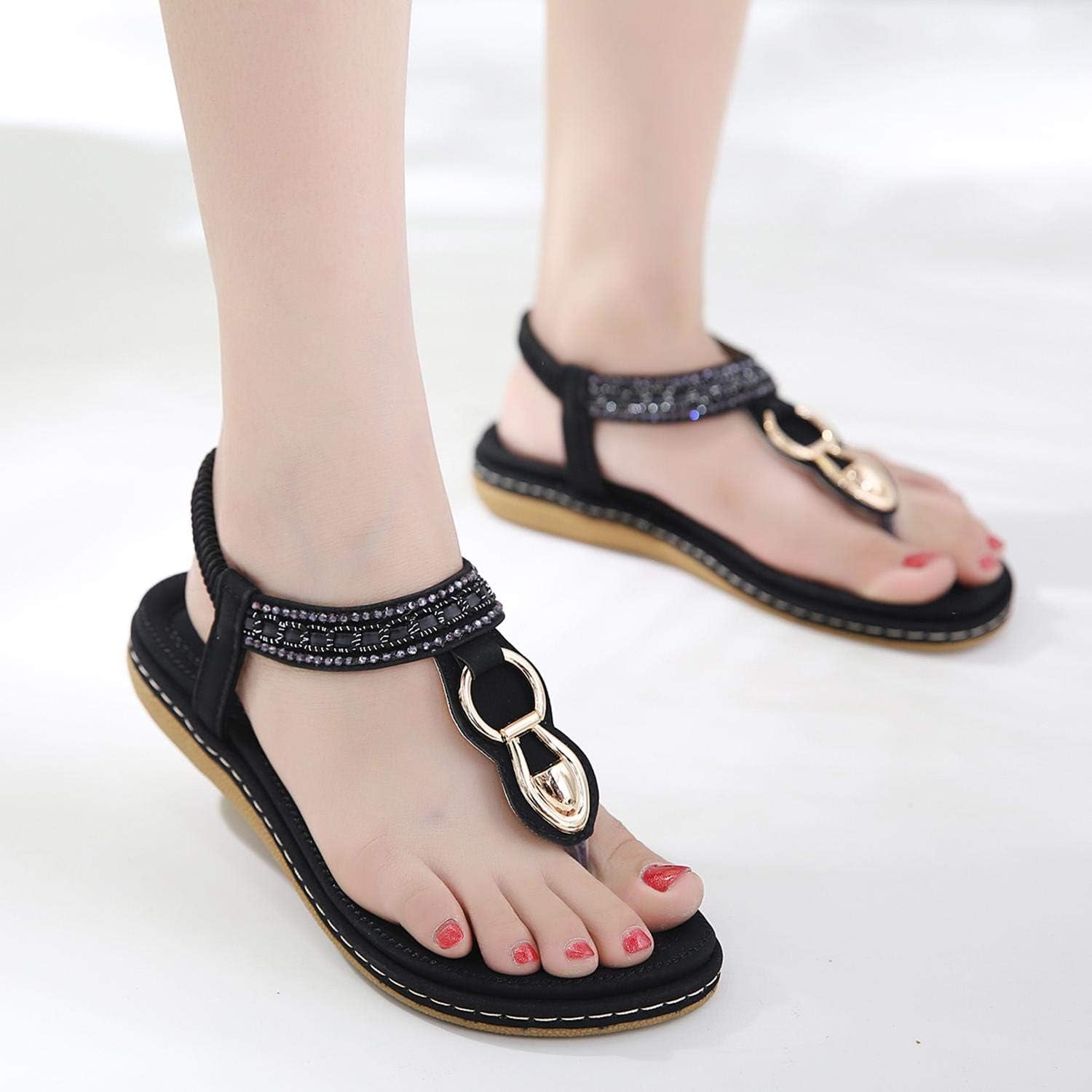 Elastic Ankle Strap Flats Sandals for Women Bohemian Beach Flats Comfortable T-Strap Thong Flip Flops Shoes Black 5
