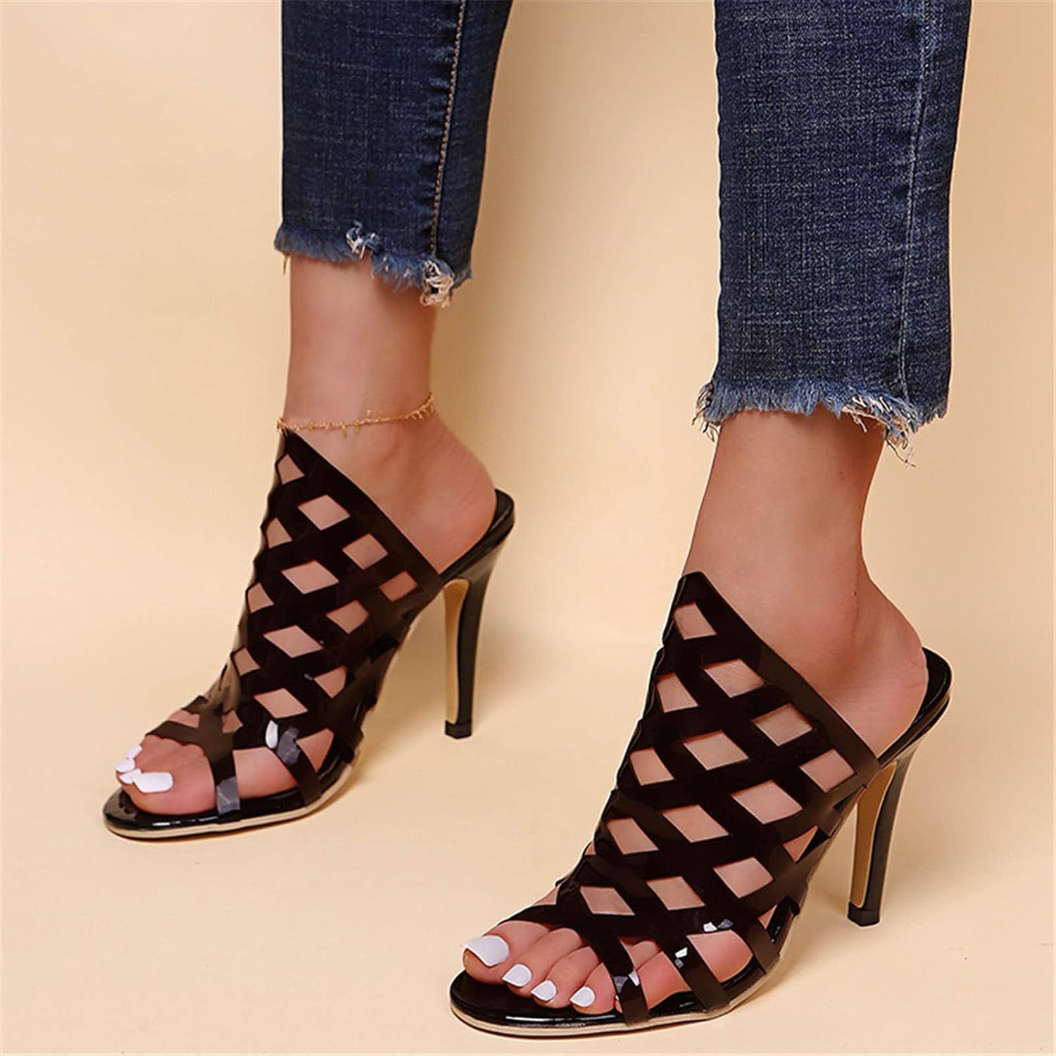 Women Stiletto Heel Sandals Strappy High Heels Sandals Peep Toe Shoes Summer Wedges Mule Sandals Slippers