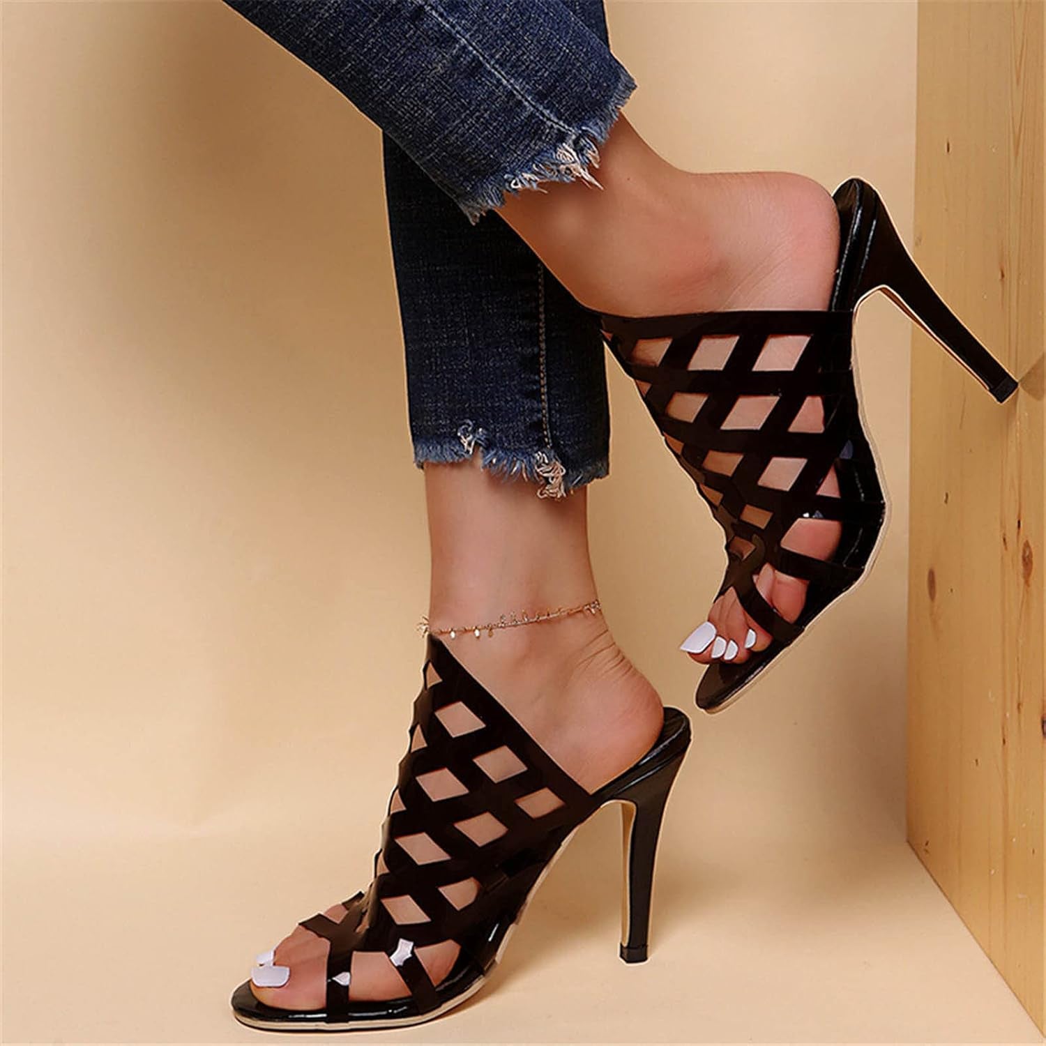 Women Stiletto Heel Sandals Strappy High Heels Sandals Peep Toe Shoes Summer Wedges Mule Sandals Slippers