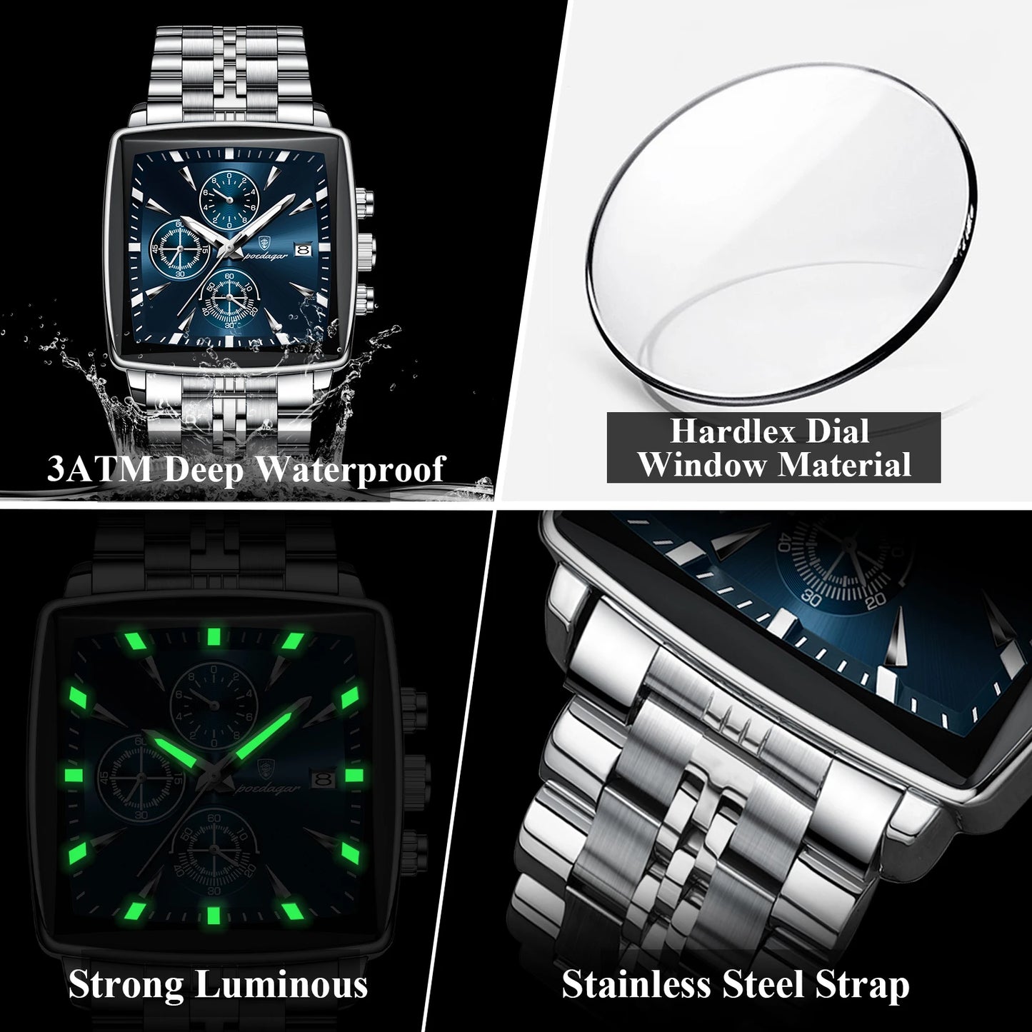 POEDAGAR Waterproof Luminous Chronograph Calendar Men's Wristwatch