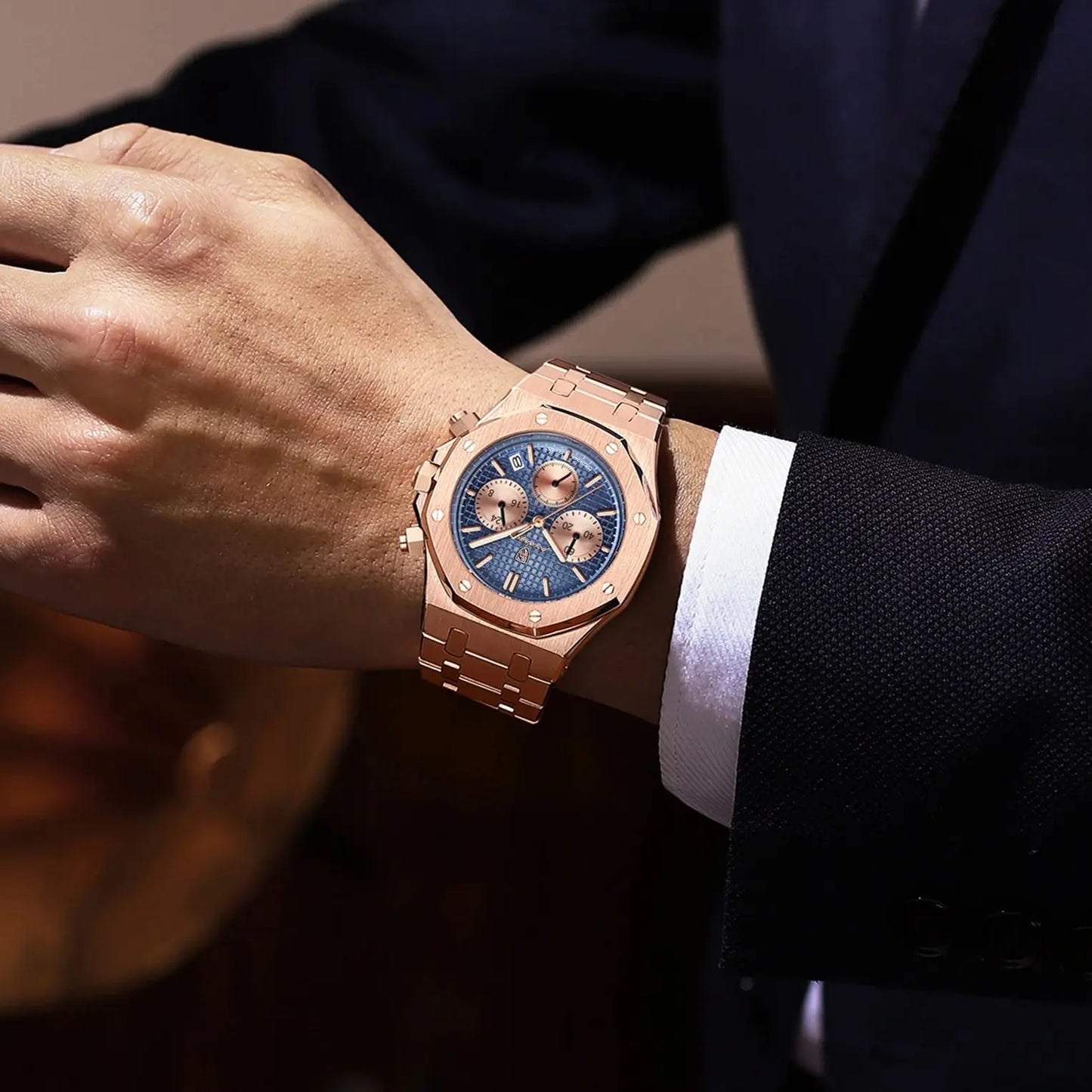 POEDAGAR Stainless Steel Chronograph Waterproof Luminous Male Watch