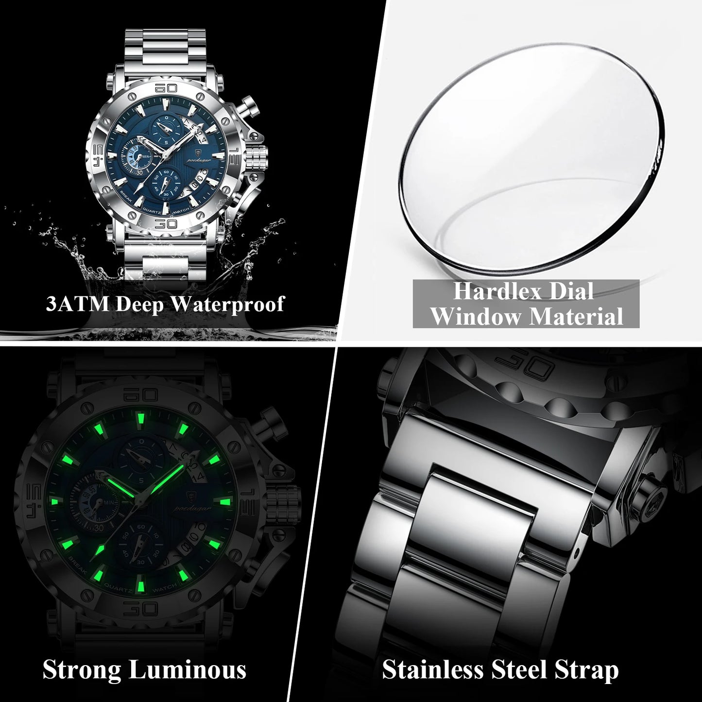 POEDAGAR Calendar Luminous Waterproof Watch For Men