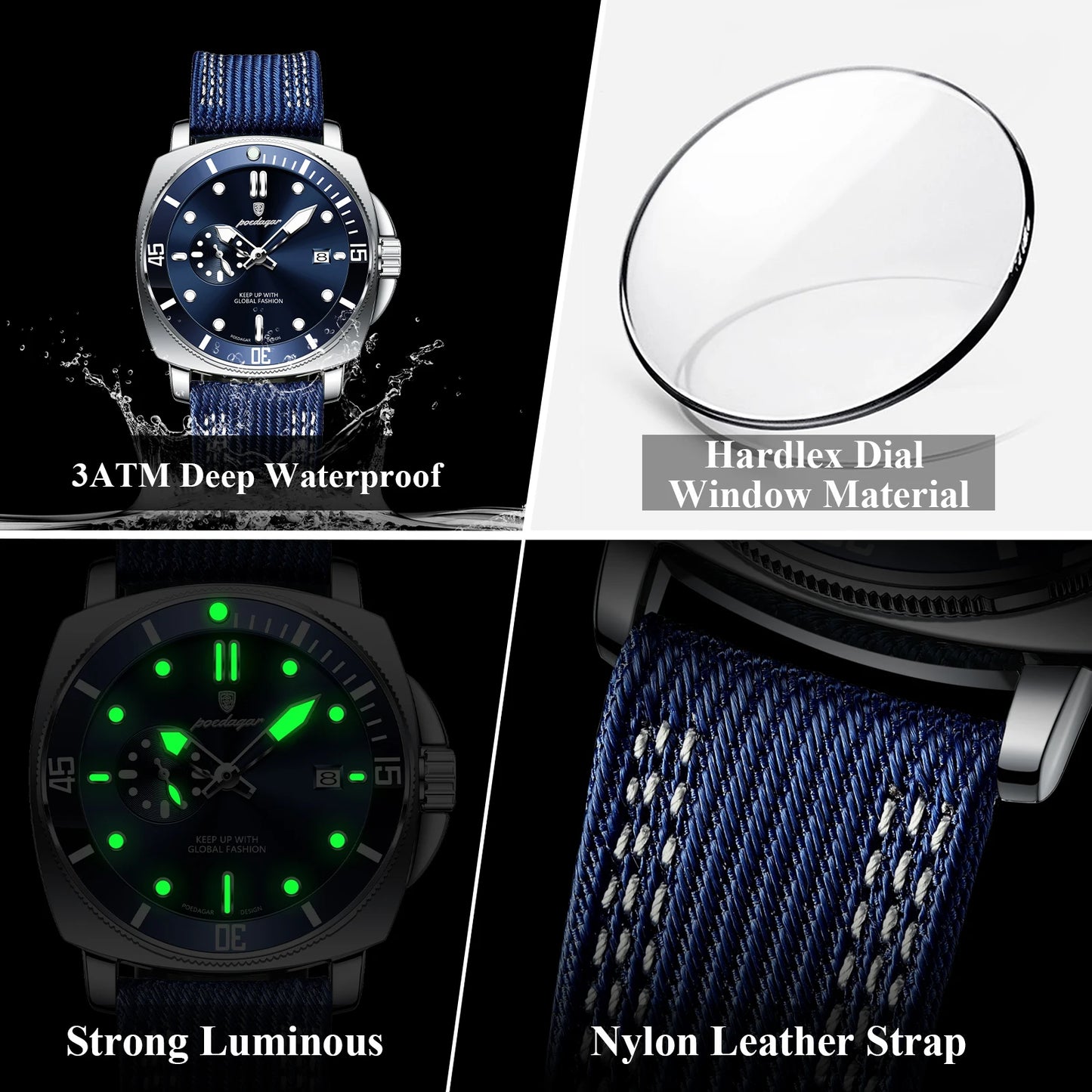 POEDAGAR Luminous Waterproof Wristwatch For Men