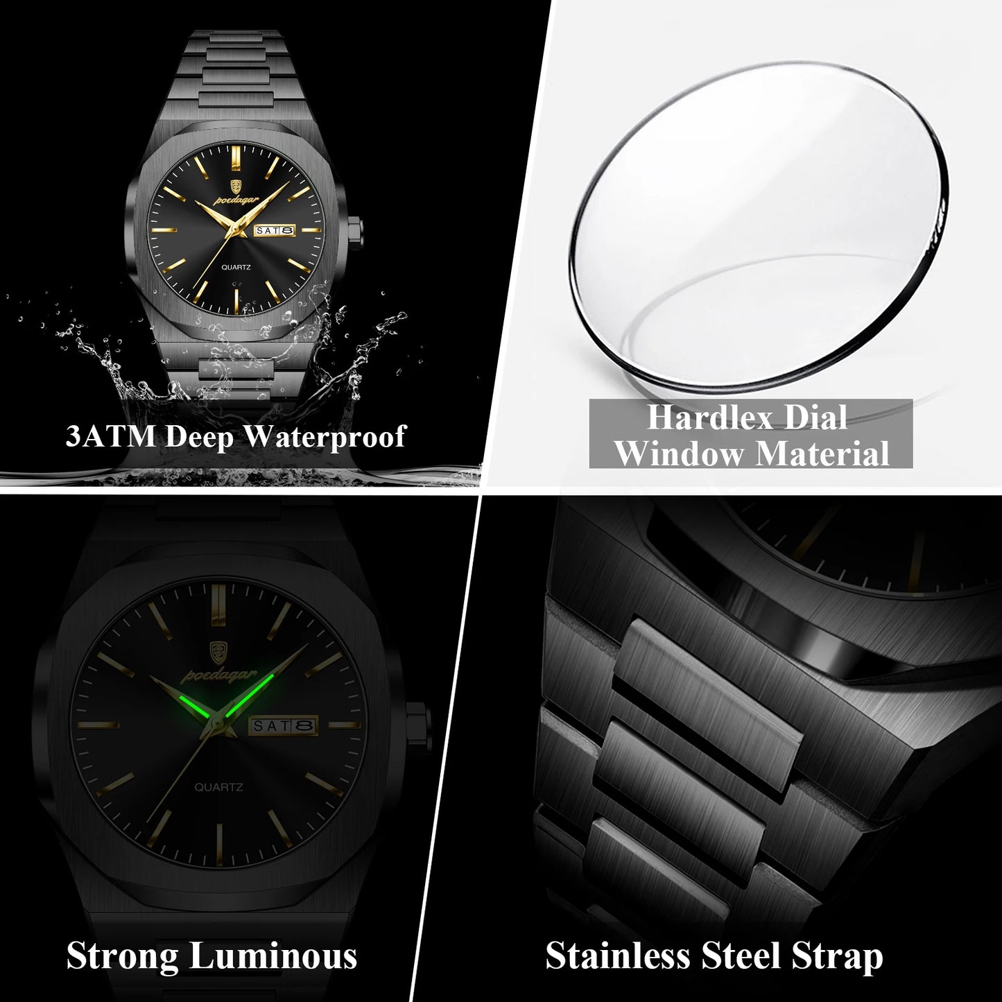 POEDAGAR  Waterproof Luminous Stainless Steel Watches For Men