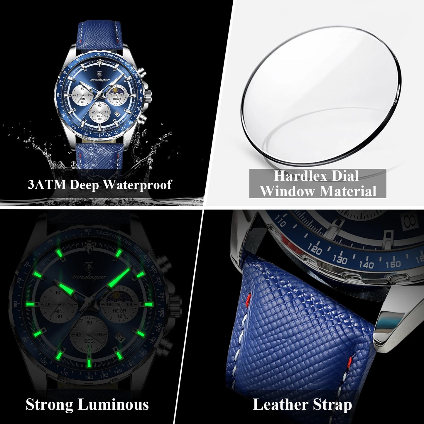 POEDAGAR Clock Fashion Luminous Waterproof Chronograph Watch For Men