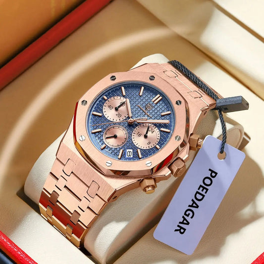 POEDAGAR Stainless Steel Chronograph Waterproof Luminous Male Watch