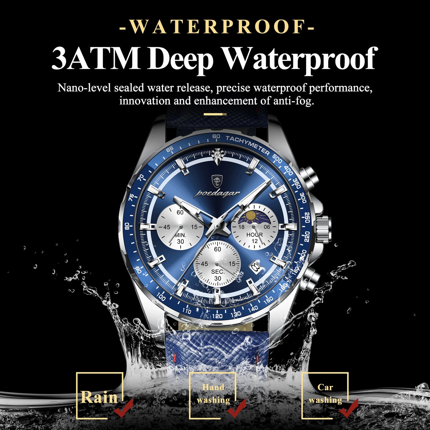 POEDAGAR Clock Fashion Luminous Waterproof Chronograph Watch For Men