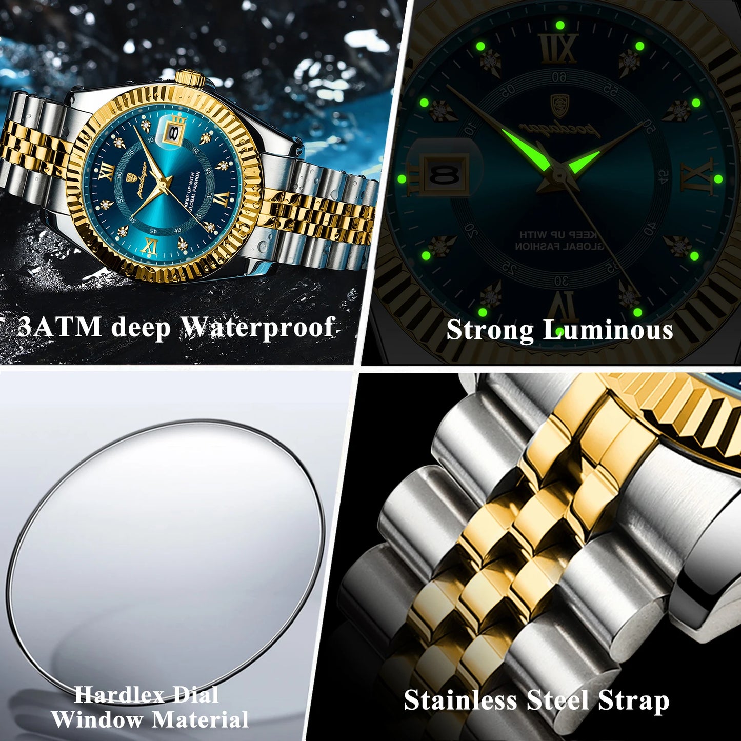 POEDAGAR Waterproof Luminous Date Men Watch Quartz Stainless Steel