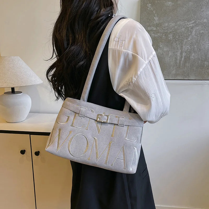 Women's  Leather-Velvet, Embroidered, Shoulder/Armpit, Versatile Euro-American Tote