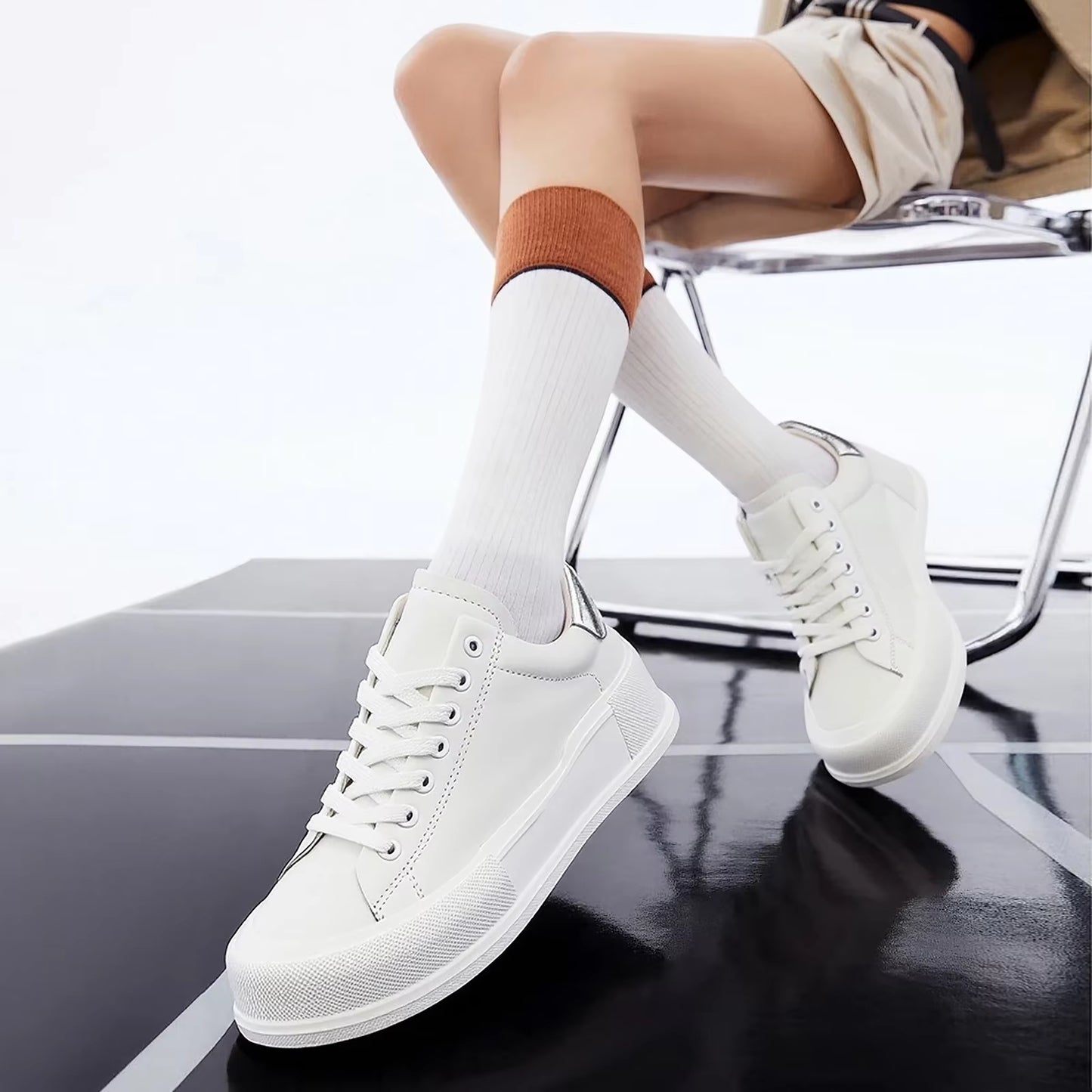 Women'S Shoes White Casual Shoes Simple Height Increasing Flat Shoes Lace Leather Upper Girls Casual Sneakers
