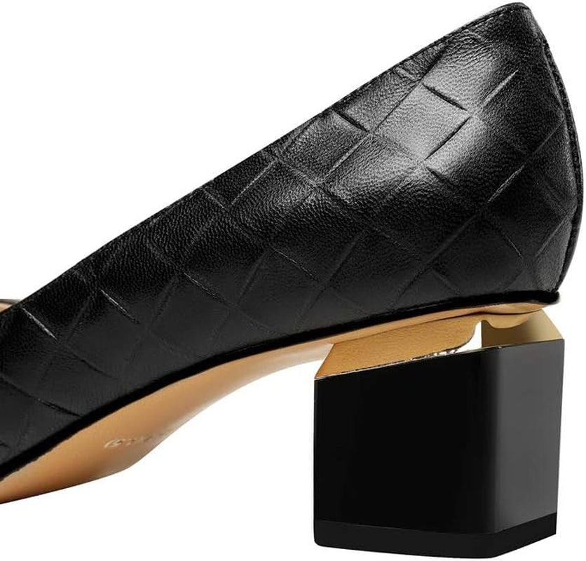 Women'S Genuine Leather Handmade Clear Pointed Toe Low Block Heel Slip on Classic Loafer Pumps