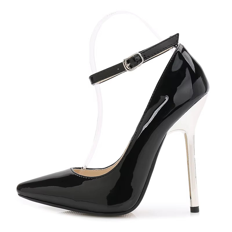 Sexy Lady Extra High Heels Shoes Ankle Strap Pumps Women'S 13Cm Metal Heel Thin High-Heeled Shoes Pointed Toe Shoes Large 45