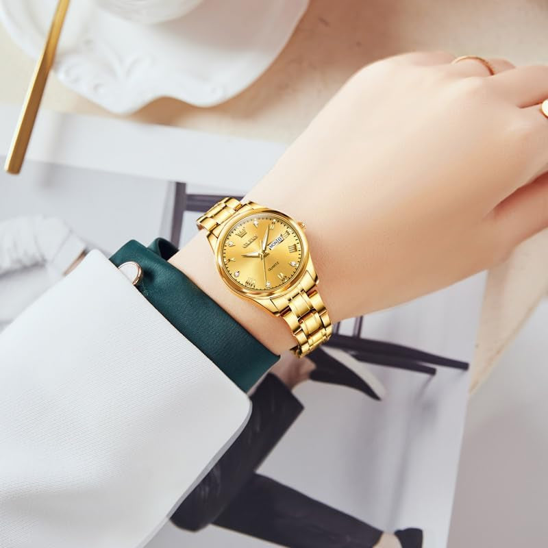 Gold Watches for Women Classic Stainless Steel Waterproof Womens Wrist Watch Small Face Ladies Watches with Day Date Analog Quartz Dress Women'S Watch Casual Gold Silver Black Dial Female Watch