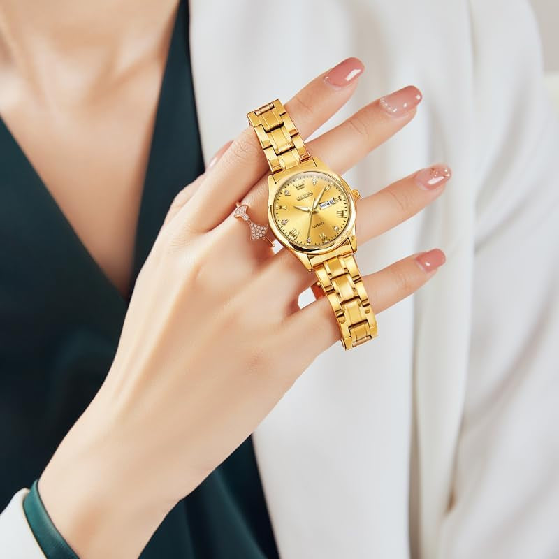 Gold Watches for Women Classic Stainless Steel Waterproof Womens Wrist Watch Small Face Ladies Watches with Day Date Analog Quartz Dress Women'S Watch Casual Gold Silver Black Dial Female Watch