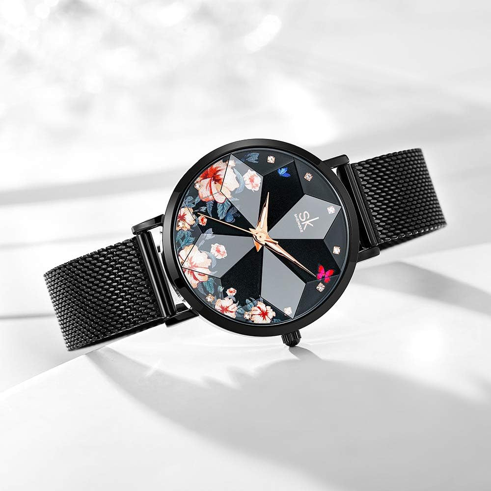 Creative Ultra Thin Minimalist Starry Sky Flower Dial Women Watch with Stainless Steel Mesh Band Genuine Leather Elegant Women Watches