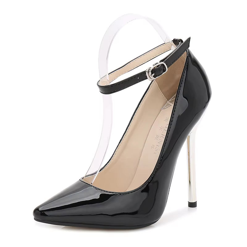 Sexy Lady Extra High Heels Shoes Ankle Strap Pumps Women'S 13Cm Metal Heel Thin High-Heeled Shoes Pointed Toe Shoes Large 45