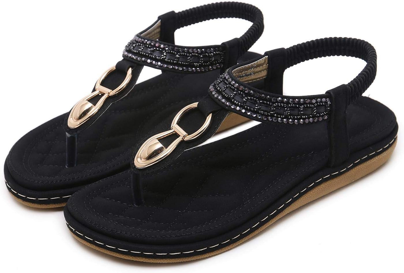 Elastic Ankle Strap Flats Sandals for Women Bohemian Beach Flats Comfortable T-Strap Thong Flip Flops Shoes Black 5