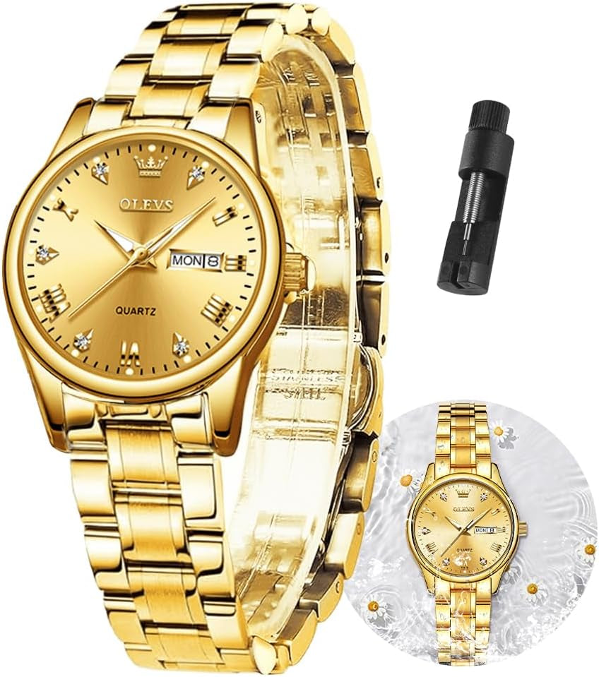 Gold Watches for Women Classic Stainless Steel Waterproof Womens Wrist Watch Small Face Ladies Watches with Day Date Analog Quartz Dress Women'S Watch Casual Gold Silver Black Dial Female Watch