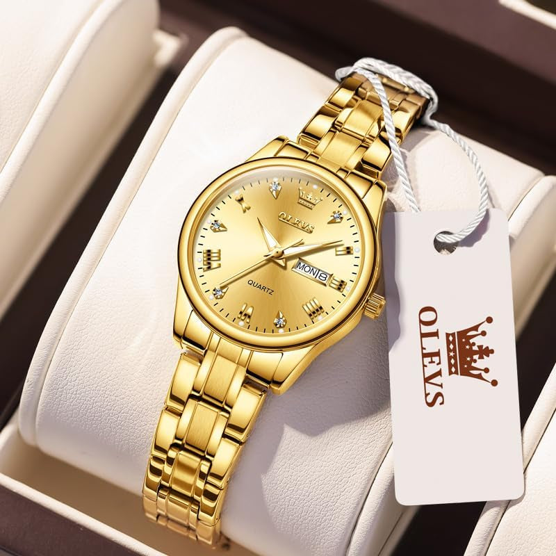 Gold Watches for Women Classic Stainless Steel Waterproof Womens Wrist Watch Small Face Ladies Watches with Day Date Analog Quartz Dress Women'S Watch Casual Gold Silver Black Dial Female Watch